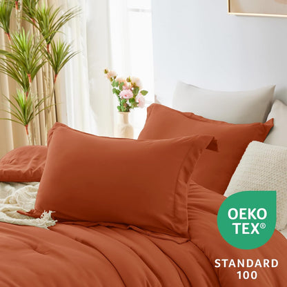 King Size Comforter Set Burnt Orange and Beige, 7 Pieces King Bedding Set Contrasting Design with Comforter, Flat Sheets, Fitted Sheet, Pillowcases & Shams, Bed in a Bag for All Season