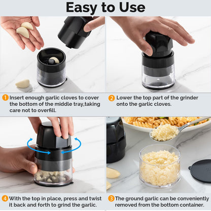 Garlic Crusher Press, Easy Twist Garlic Mincer Grinder for Fast Crushing & Chopping, Bpa-Free, Dishwasher Safe, Versatile Kitchen Tool Also for Ginger, Herbs, Nuts, and More, Black