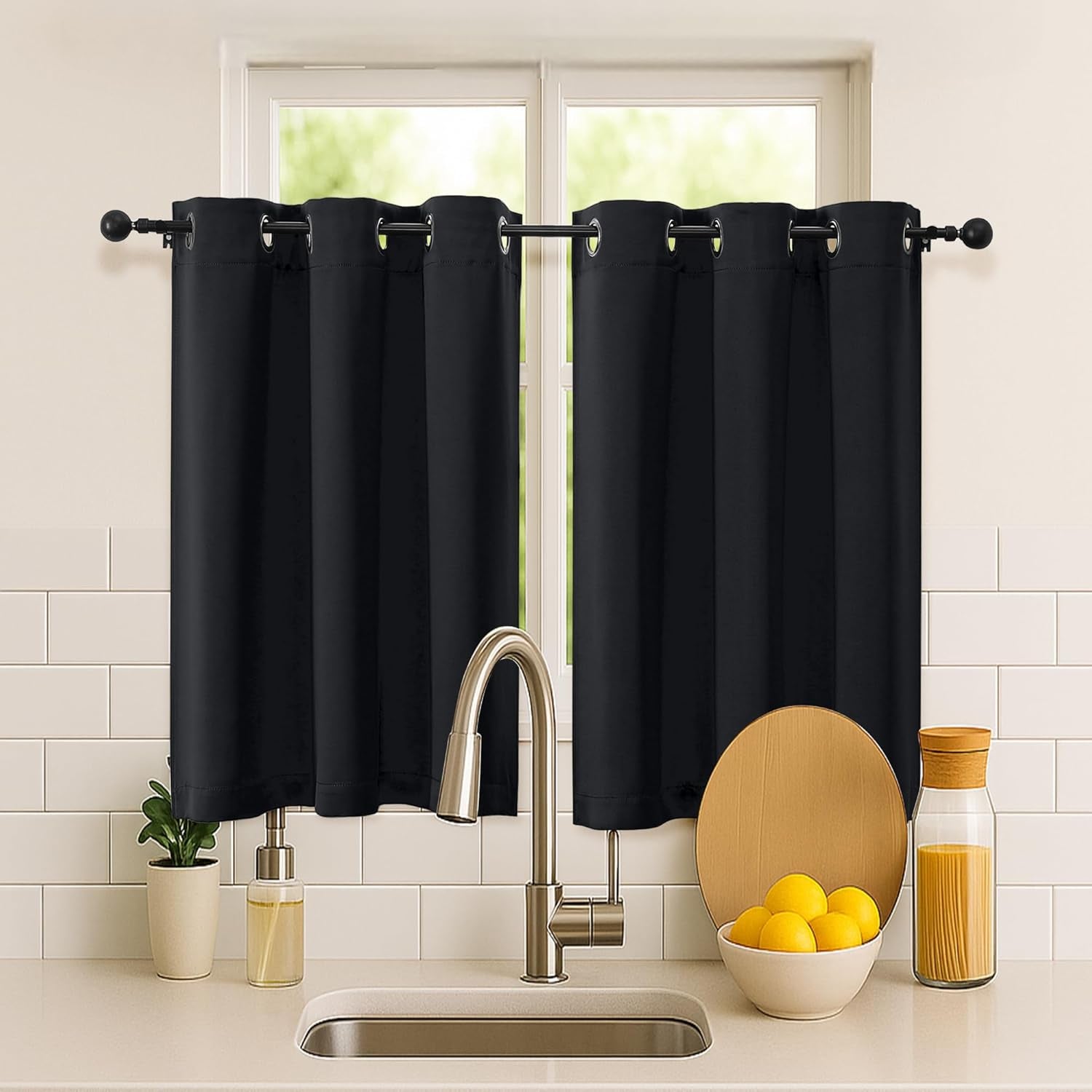 Halloween Black Short Cafe Curtains 36 Inch Length 2 Panels Set, Half Window Grommet Privacy Drape Tiers for Kitchen, Thermal Insulated Curtains Blackout for Bathroom Shades, W40 X L36