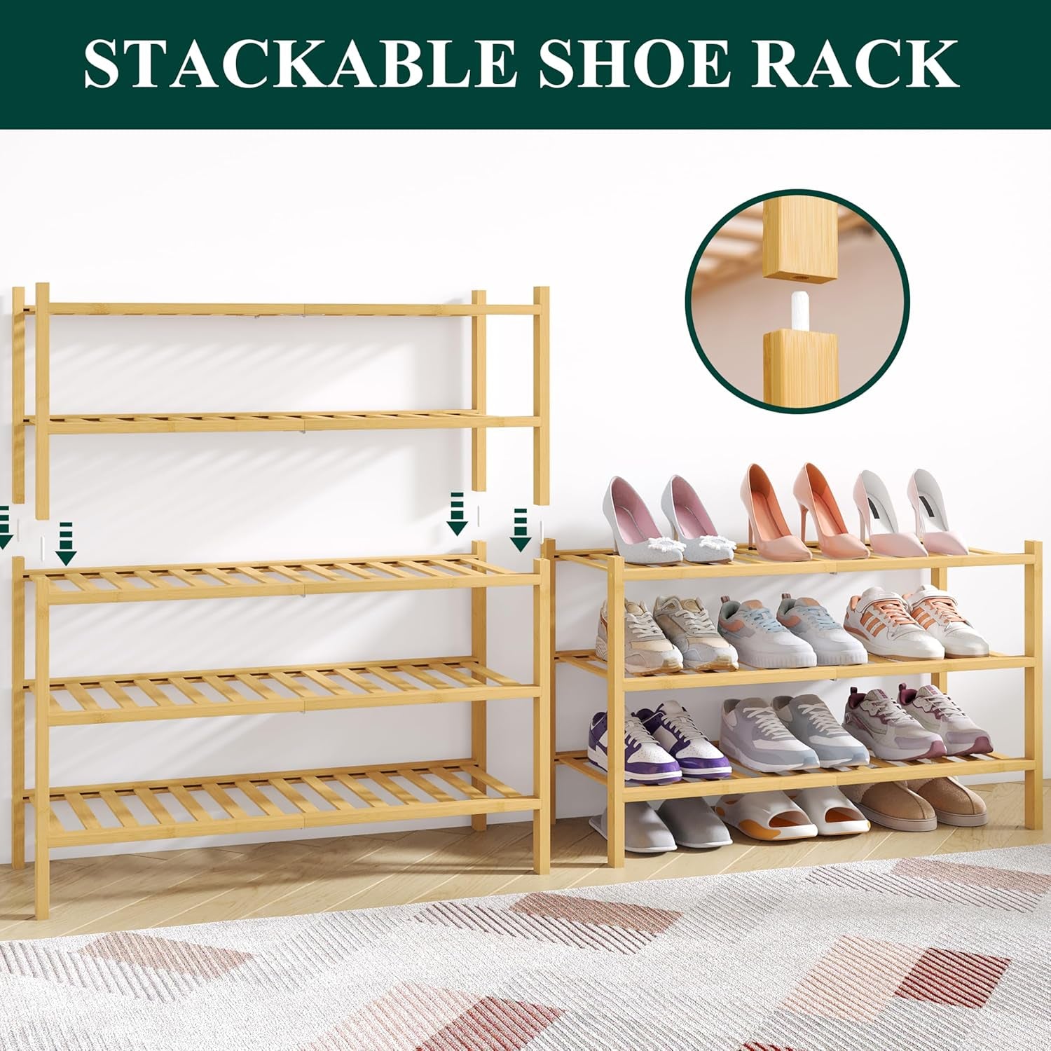 Bamboo 3-Tier Shoe Rack - Stackable Wooden Organizer for Entryway and Closet Storage, Natural Finish