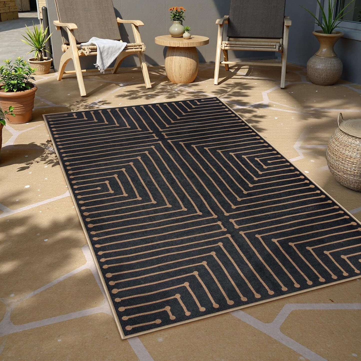 Neutral Geometric 3X5 Easy Jute Rug, Washable Rugs for Bedroom Entryway Outdoor Patio Porch Carpet, Farmhouse Rhombus Non Slip Non Shedding Black Carpet for Kitchen Entrance Balcony
