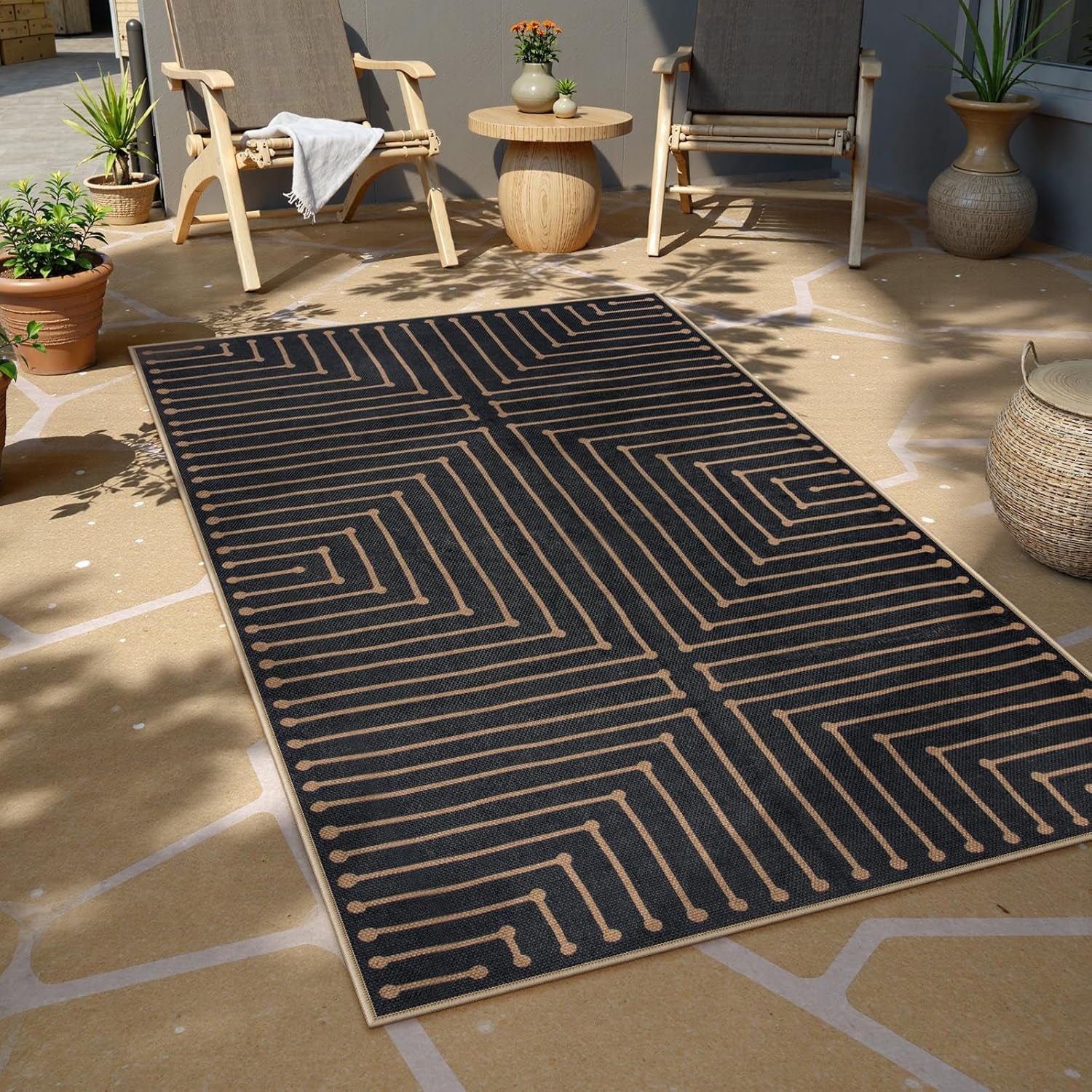 Neutral Geometric 3X5 Easy Jute Rug, Washable Rugs for Bedroom Entryway Outdoor Patio Porch Carpet, Farmhouse Rhombus Non Slip Non Shedding Black Carpet for Kitchen Entrance Balcony