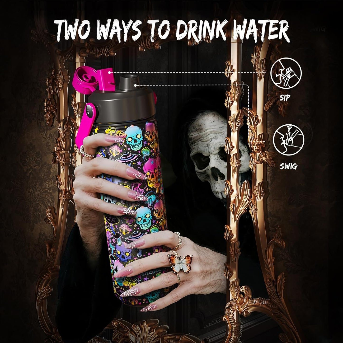 Halloween Insulated Water Bottle with Straw, Stainless Steel Water Bottle, Leak Proof Bpa-Free, Keeps Cold for 24 Hours for Sports, Skull Spooky Holiday Gifts (26 Oz, Trippy Skulls)