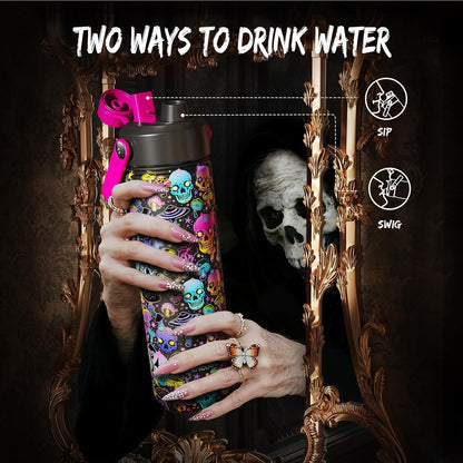 Halloween Insulated Water Bottle with Straw, Stainless Steel Water Bottle, Leak Proof Bpa-Free, Keeps Cold for 24 Hours for Sports, Skull Spooky Holiday Gifts (26 Oz, Trippy Skulls)