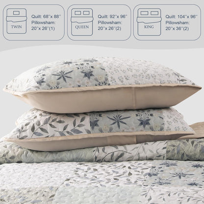 Queen Size Reversible Boho Quilt Set, 3-Piece Patchwork Gray All-Season Bedspread, Ultra-Soft Floral Coverlet with Printed Pattern (Includes 1 Quilt and 2 Pillow Shams)