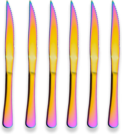 Multicolor Titanium-Plated Stainless Steel Steak Knives - Heavy-Duty Set for Chefs, Ideal for BBQs, Weddings, Dinners, and Home Use - Pack of 6