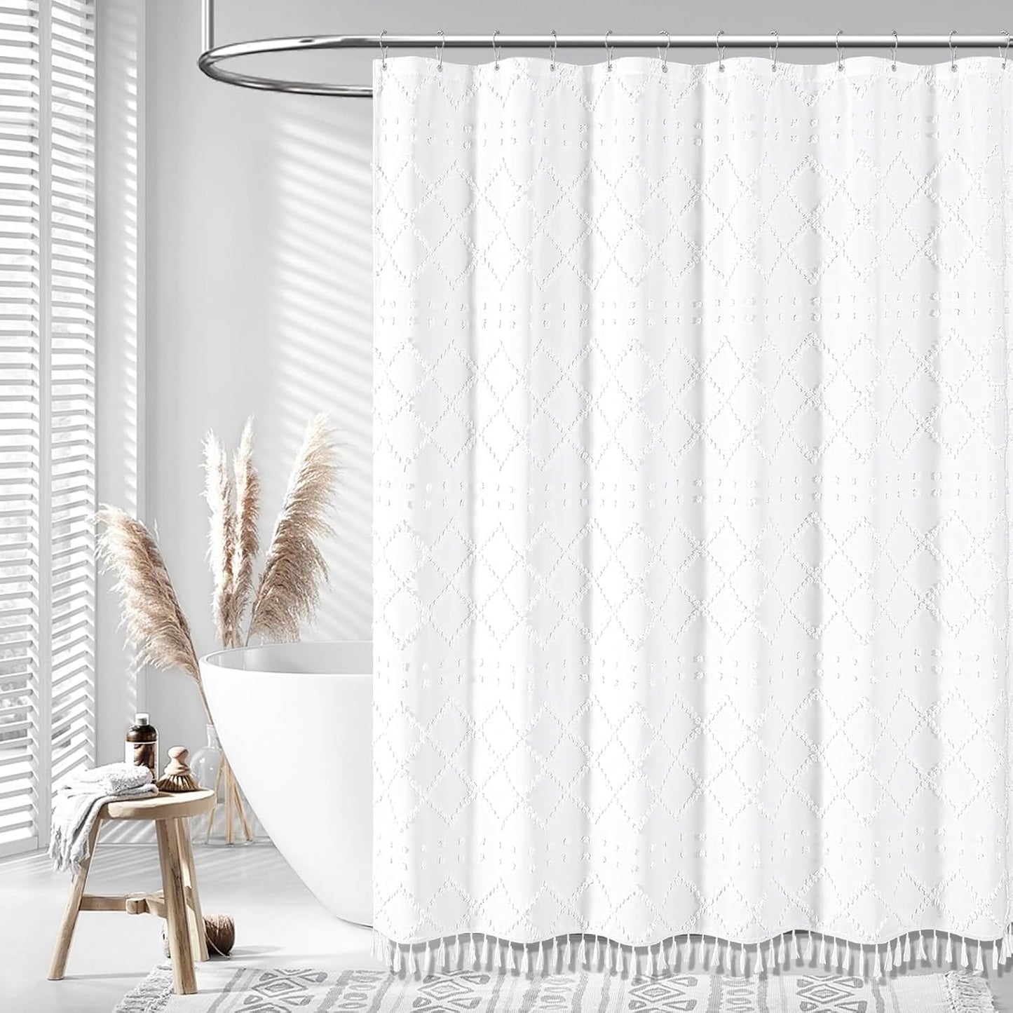 White Fabric Shower Curtain, Boho Tufted Geometric Striped Tassel Shower Curtain for Bathroom, Shabby Chic Textured Modern Farmhouse Waterproof Cloth Shower Curtain Set, Wrinkle Free, 72X72
