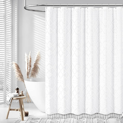 White Fabric Shower Curtain, Boho Tufted Geometric Striped Tassel Shower Curtain for Bathroom, Shabby Chic Textured Modern Farmhouse Waterproof Cloth Shower Curtain Set, Wrinkle Free, 72X72