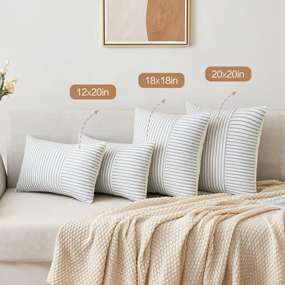 Light Blue and Beige Patchwork Farmhouse Pillow Covers 18X18 Inch, Pack of 2 Striped Linen Spring Decorative Modern Accent Pillow Cases for Sofa Couch Bedroom