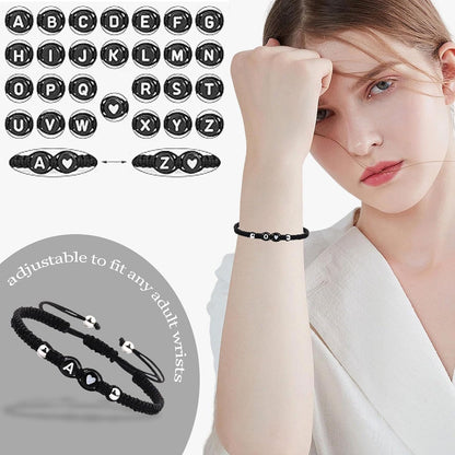 Black Rope Initial Bracelet for Men Women, 6Mm Beads 26 Letters A-Z Alphabet Handmade Adjustable Weaving Beadsbracelet for Couples Friends Mom Dad, Christmas Birthday Jewelry Gifts