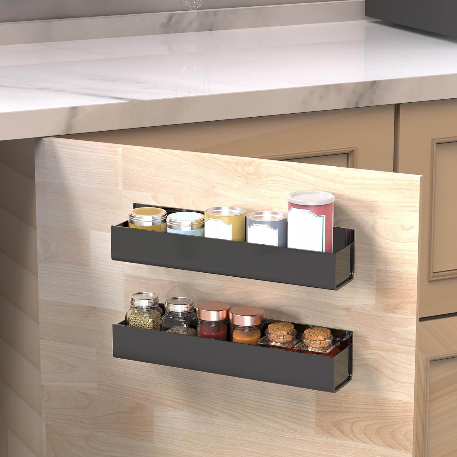 Adhesive Acrylic Spice Rack with Nano Double Sided Tape Wall Mount Organizer, Black Wall Spice Rack with Shelf Ends for Kitchen Cabinet Door - 2 Pack 12‘’ Shelves