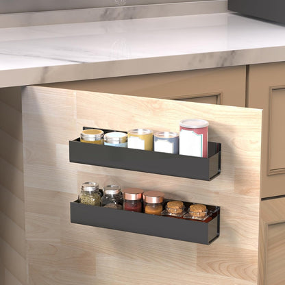 Adhesive Acrylic Spice Rack with Nano Double Sided Tape Wall Mount Organizer, Black Wall Spice Rack with Shelf Ends for Kitchen Cabinet Door - 2 Pack 12‘’ Shelves