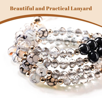 Teacher Lanyards for Id Badges and Keys, Retractable Natural Stone Beaded Lanyard for Women Cute with Id Holder, Black