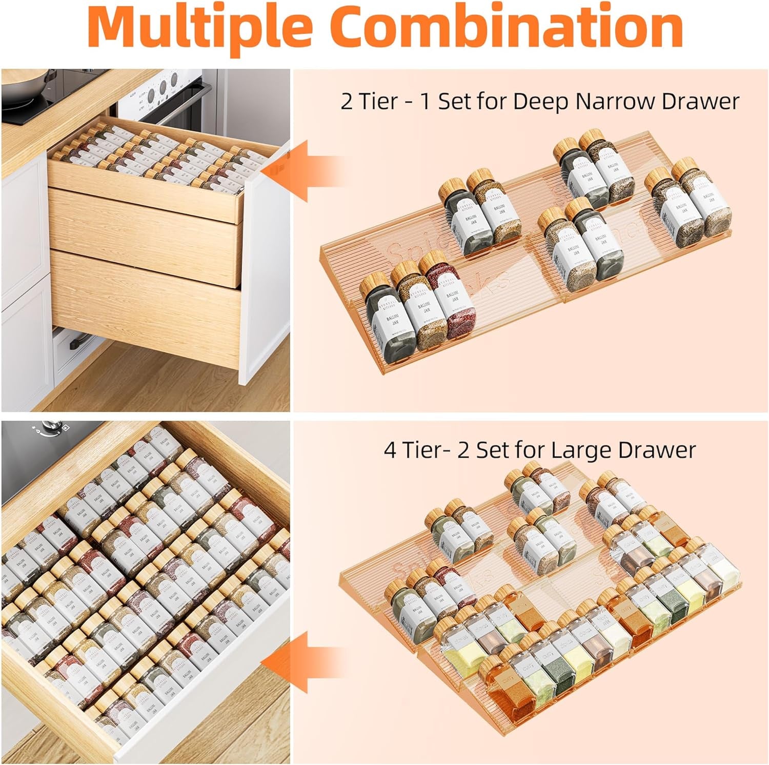 Spice Drawer Organizer, 4 Tier- 4 Pack Amber Acrylic Drawer Seasoning Organizer, Expandable from 11'' to 22'' Kitchen Spice Rack Organizers and Storage for Drawer (Jars Not Included)