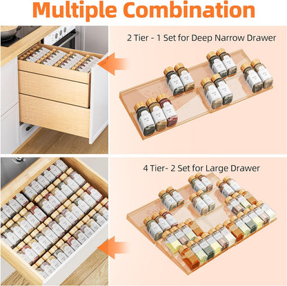 Spice Drawer Organizer, 4 Tier- 4 Pack Amber Acrylic Drawer Seasoning Organizer, Expandable from 11'' to 22'' Kitchen Spice Rack Organizers and Storage for Drawer (Jars Not Included)