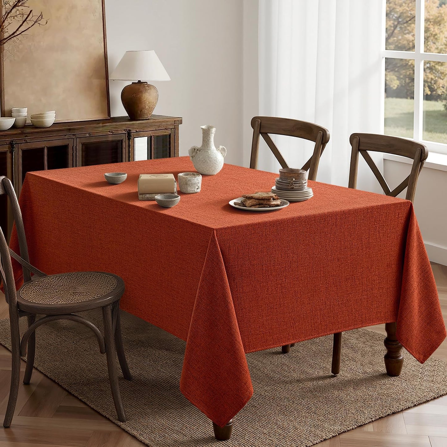 Burnt Orange Linen Tablecloth 52X70 Inch Rectangle Table Cloth Waterproof,Stain Resistant & Wrinkle Resistant for Dining Party Wedding