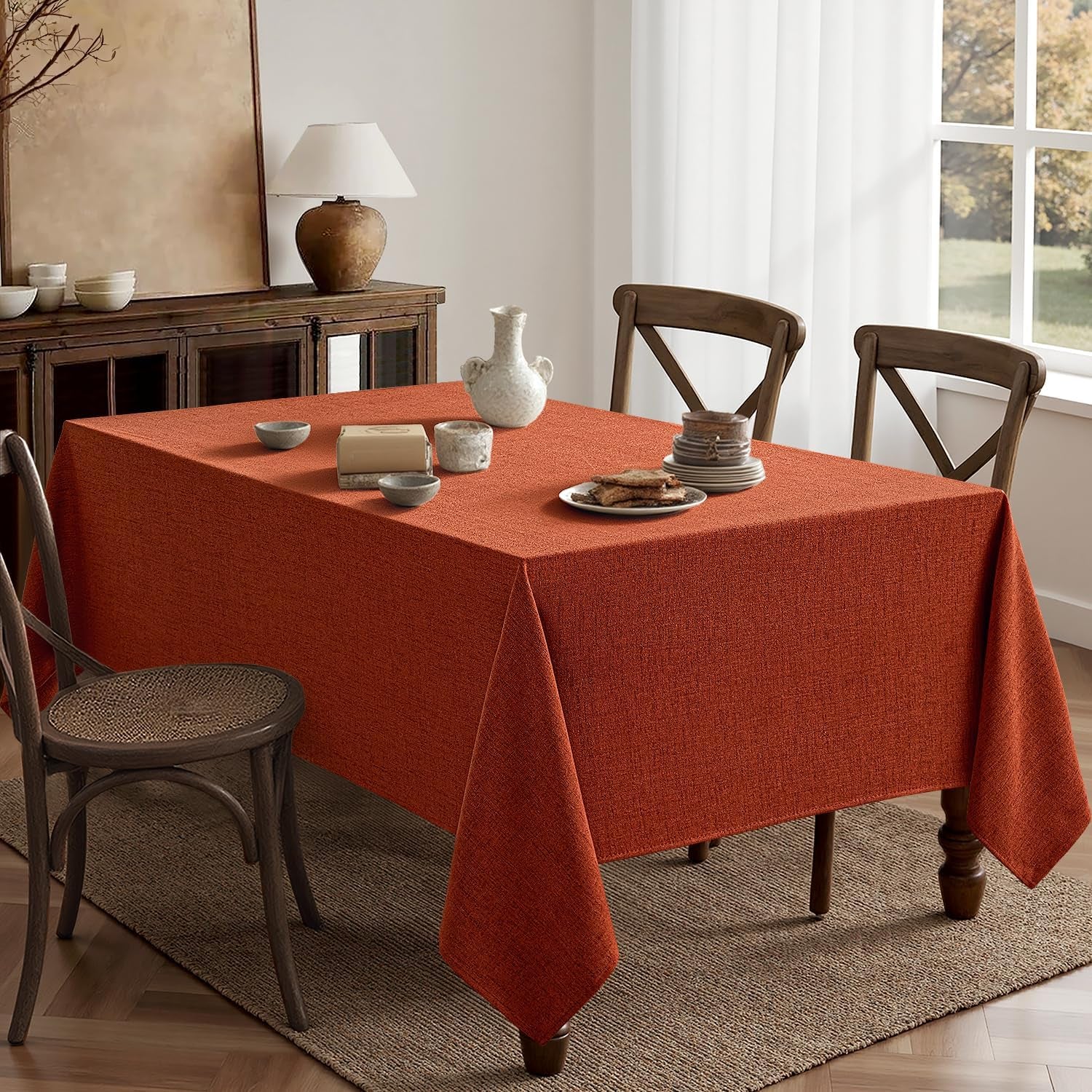 Burnt Orange Linen Tablecloth 52X70 Inch Rectangle Table Cloth Waterproof,Stain Resistant & Wrinkle Resistant for Dining Party Wedding