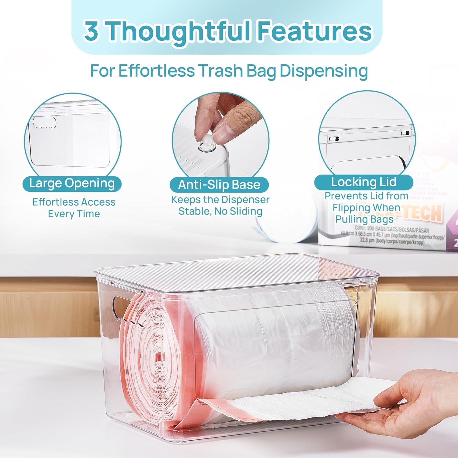 1 Pack Trash Bag Holder, Stackable Garbage Bag Dispenser for 13/30/33 Gallon Bags, Clear Organizer Bins for under Kitchen Sink, Laundry Room Organization and Storage