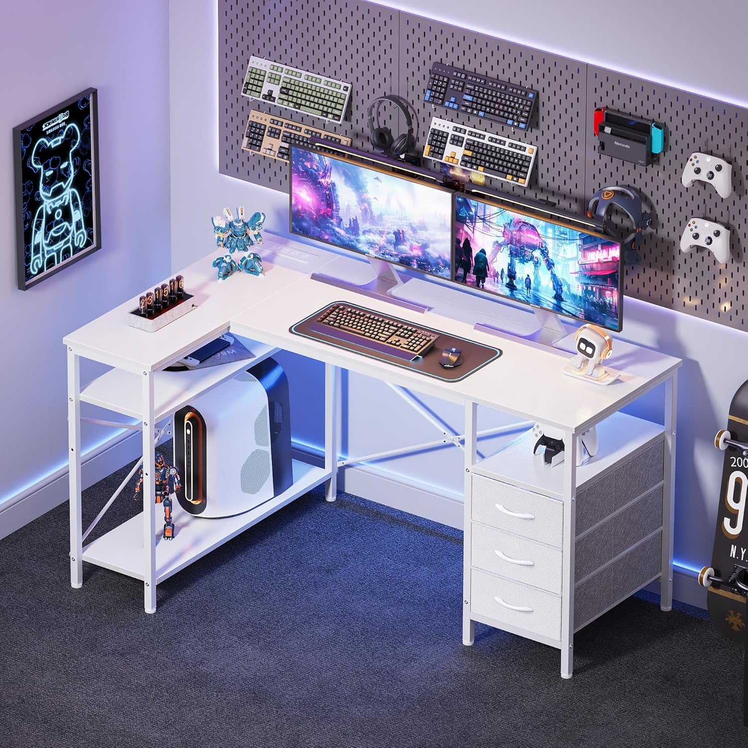 L-Shaped Office Desk with Power Outlets, 47-Inch Computer Desk Featuring 3 Drawers and Shelves for Gaming, Corner Work, Home Office, and Study - White Finish