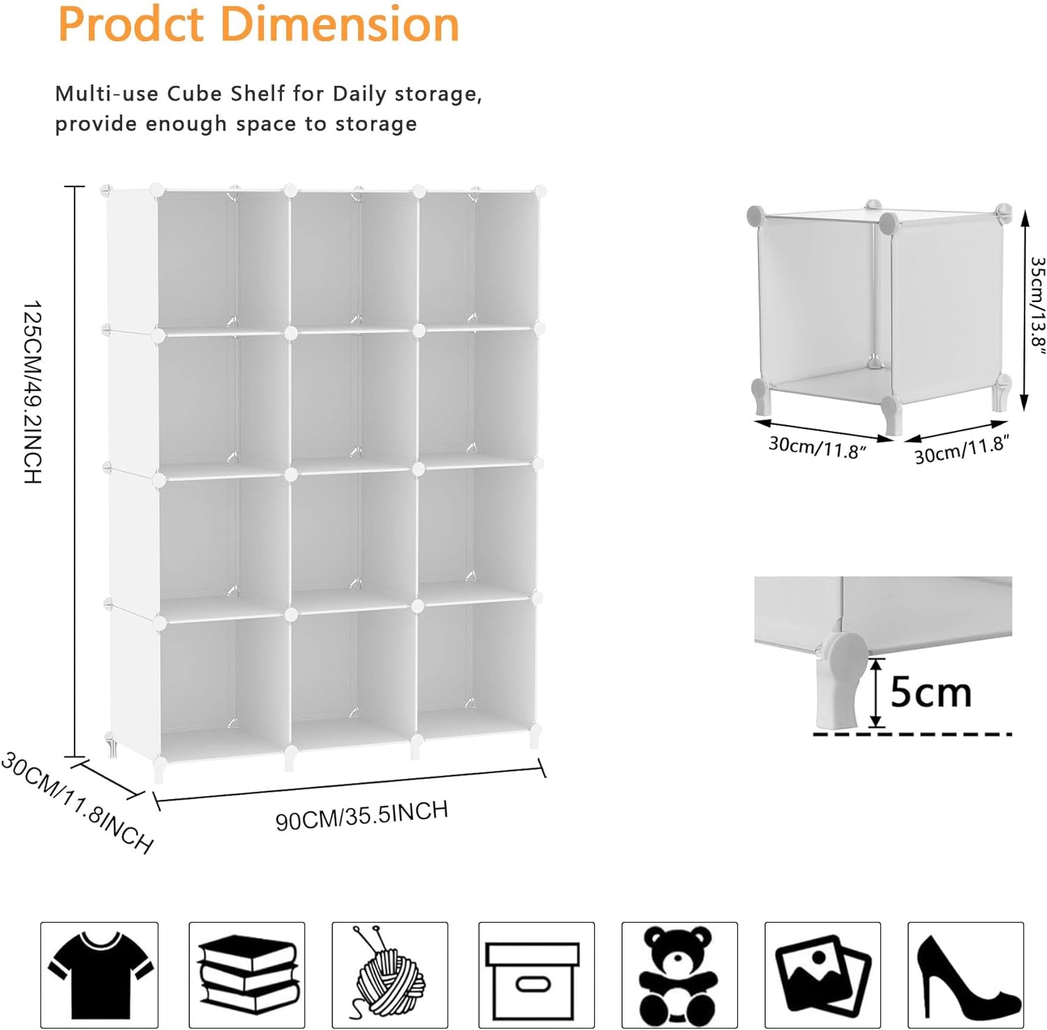 Cube Storage Organizer Storage 12 Cube Bookshelf DIY Plastic Closet Clothes Storage Shelves with Wooden Mallet, Stackable Storage Solution for Home, Bedroom, White