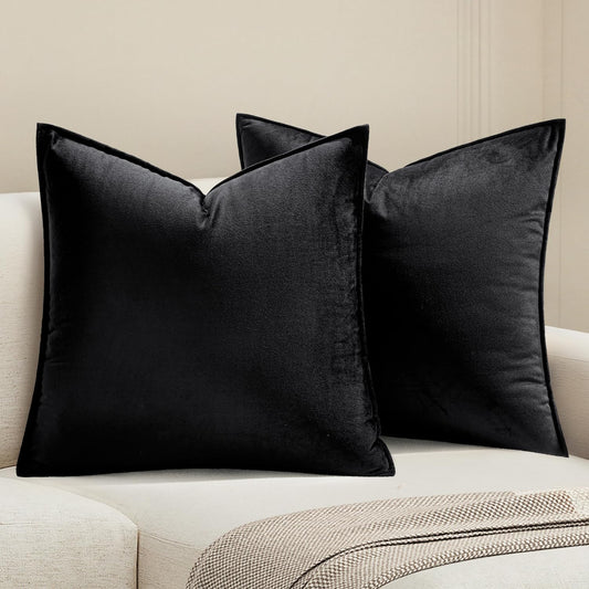 Set of 2 Soft Black Velvet Throw Pillow Covers - Solid Square Cushion Cases for Sofa, Bedroom, and Car (18 x 18 Inches / 45 x 45 cm)