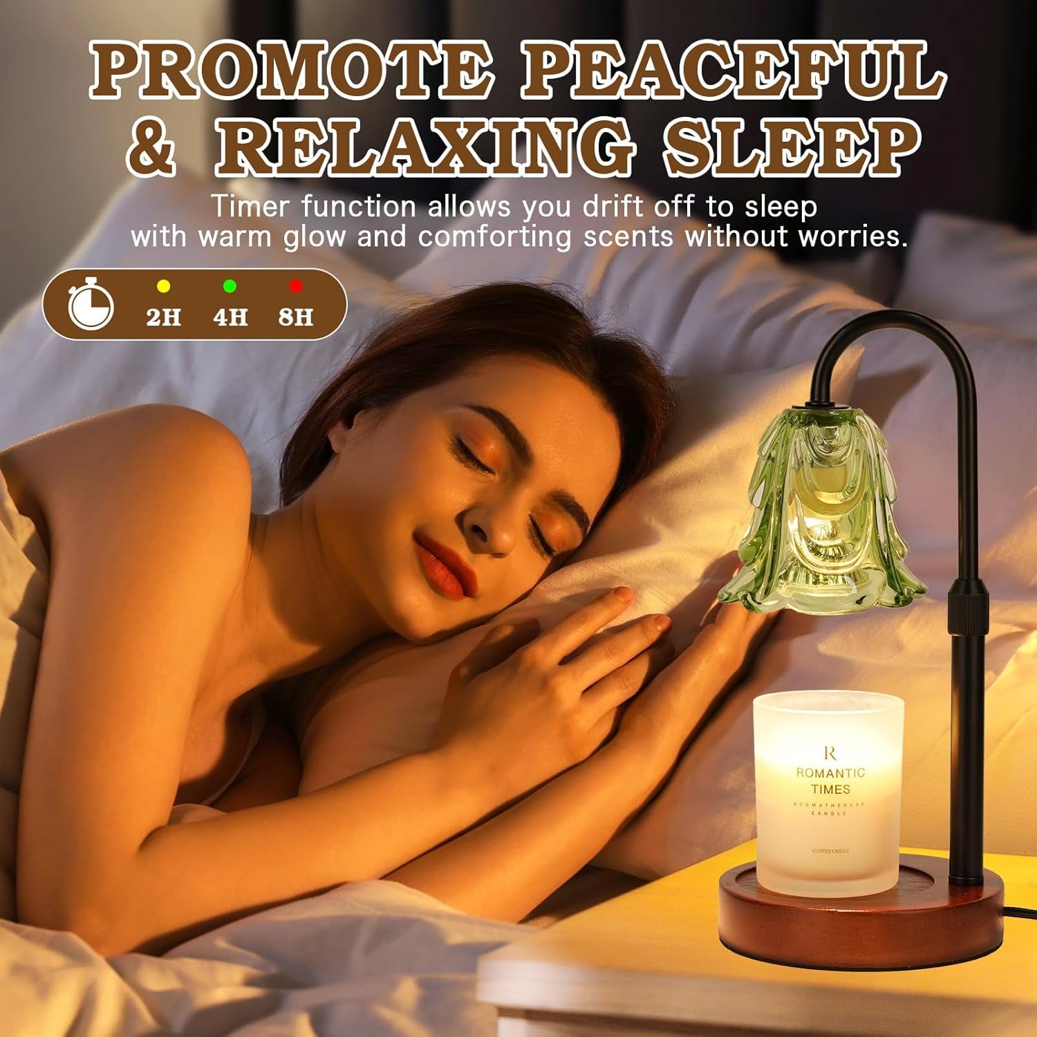 Small Candle Warmer Lamp with Timer, Adjustable Green Lamp Warmer for Jar Candles, Unique Women Gifts for Birthday, Dimmable Candle Heater, House Warming Gifts, Cute Wax Warming Light with Wood Base
