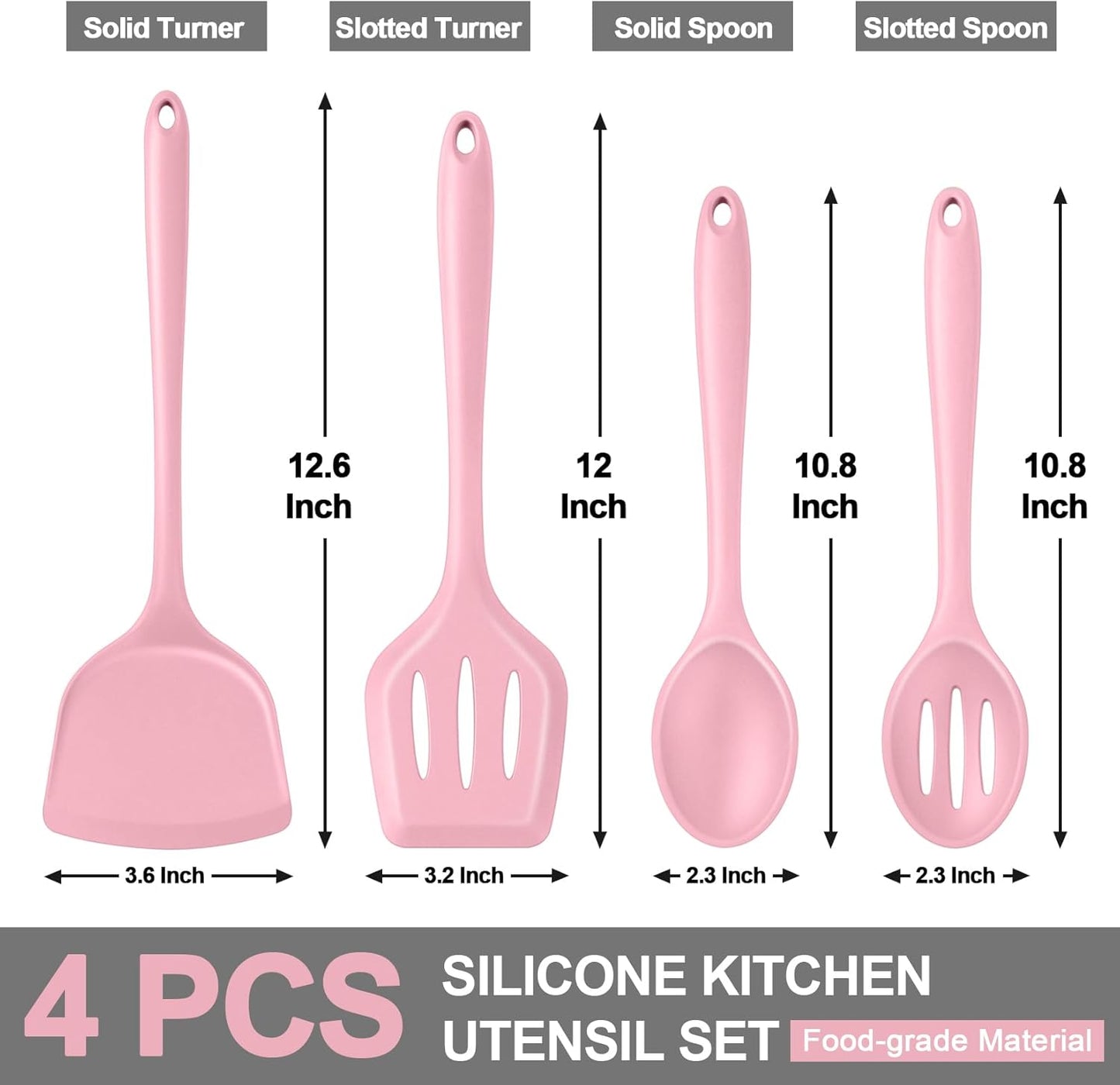 Kitchen Utensil Set, 4 Pieces Non-Stick Silicone Cooking Utensils, Heat-Resistant Slotted Solid Spoon Turner for Frying, Mixing, Serving, Non-Toxic & Easy to Clean, Pink