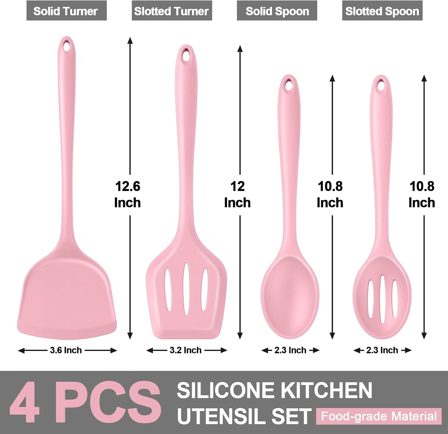 Kitchen Utensil Set, 4 Pieces Non-Stick Silicone Cooking Utensils, Heat-Resistant Slotted Solid Spoon Turner for Frying, Mixing, Serving, Non-Toxic & Easy to Clean, Pink