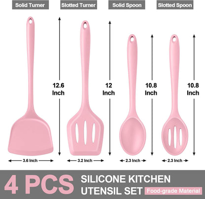 Kitchen Utensil Set, 4 Pieces Non-Stick Silicone Cooking Utensils, Heat-Resistant Slotted Solid Spoon Turner for Frying, Mixing, Serving, Non-Toxic & Easy to Clean, Pink