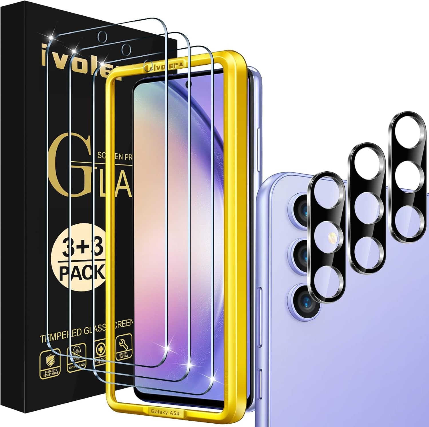 [3+3 Pack Screen Protector for Samsung Galaxy A54 5G 6.4" 2023 with [3 Pack] Camera Lens Protector Tempered Glass with [Alignment Frame] Transparent HD Clear Anti-Scratch, 6.4 Inch