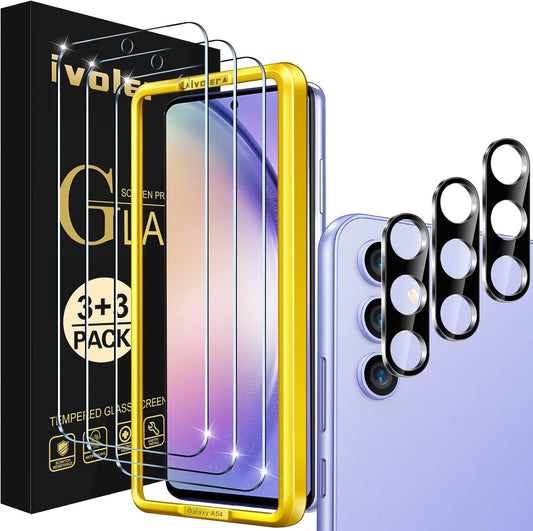 [3+3 Pack Screen Protector for Samsung Galaxy A54 5G 6.4" 2023 with [3 Pack] Camera Lens Protector Tempered Glass with [Alignment Frame] Transparent HD Clear Anti-Scratch, 6.4 Inch