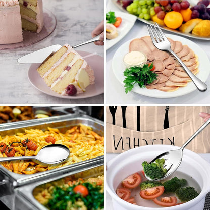 Serving Utensils,  6-Piece Stainless Steel Serving Utensil Set Include Serving Spoon, Slotted Serving Spoon, Serving Fork,Serving Tong, Appetizers Tong,Pie Server (Silver), Regular