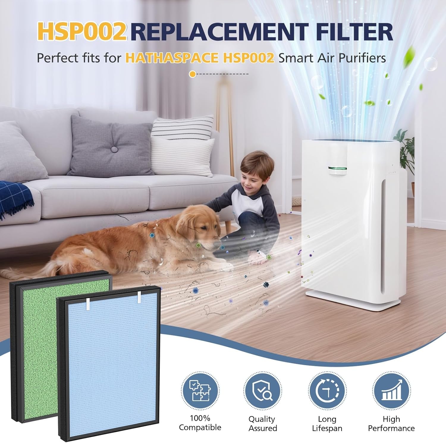 2 Pack HSP002 Replacement Filter Compatible with HATHASPACE HSP002 Smart Air Purifiers, 4-In-1 HEPA and Activated Carbon Filter