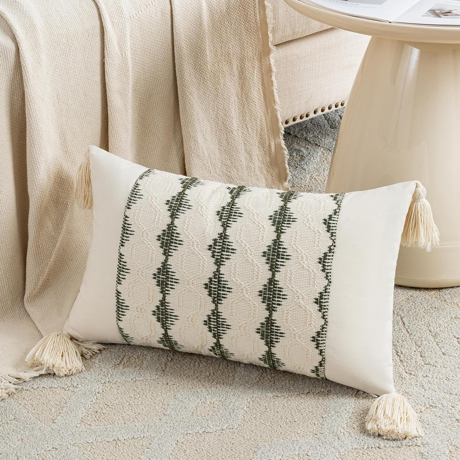 Set of 2 Boho Olive Green Lumbar Decorative Throw Pillow Cover 12X20 Inch for Couch Bed Sofa Chair, Modern Organic Farmhouse Home Decor, Soft Cute Accent Rectangle Cushion Case with Tassels