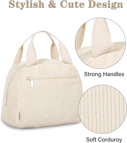 Cute Lunch Box Tote Bag - Corduroy Insulated Cooler Bags for Women - Lightweight Reusable Portable Soft Lunch Pail Kit for Kids Teen Girl Adults Work School Picnic Travel White 8L