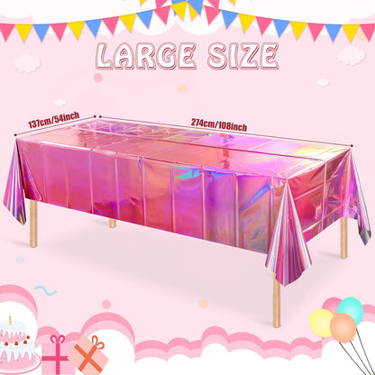 1 Pack Iridescent Pink Plastic Tablecloths,  Shiny Disposable Laser Rectangle Table Covers, Holographic Foil Tablecloth Iridescent Party Decorations for Birthday Wedding Christmas, 54X108Inch
