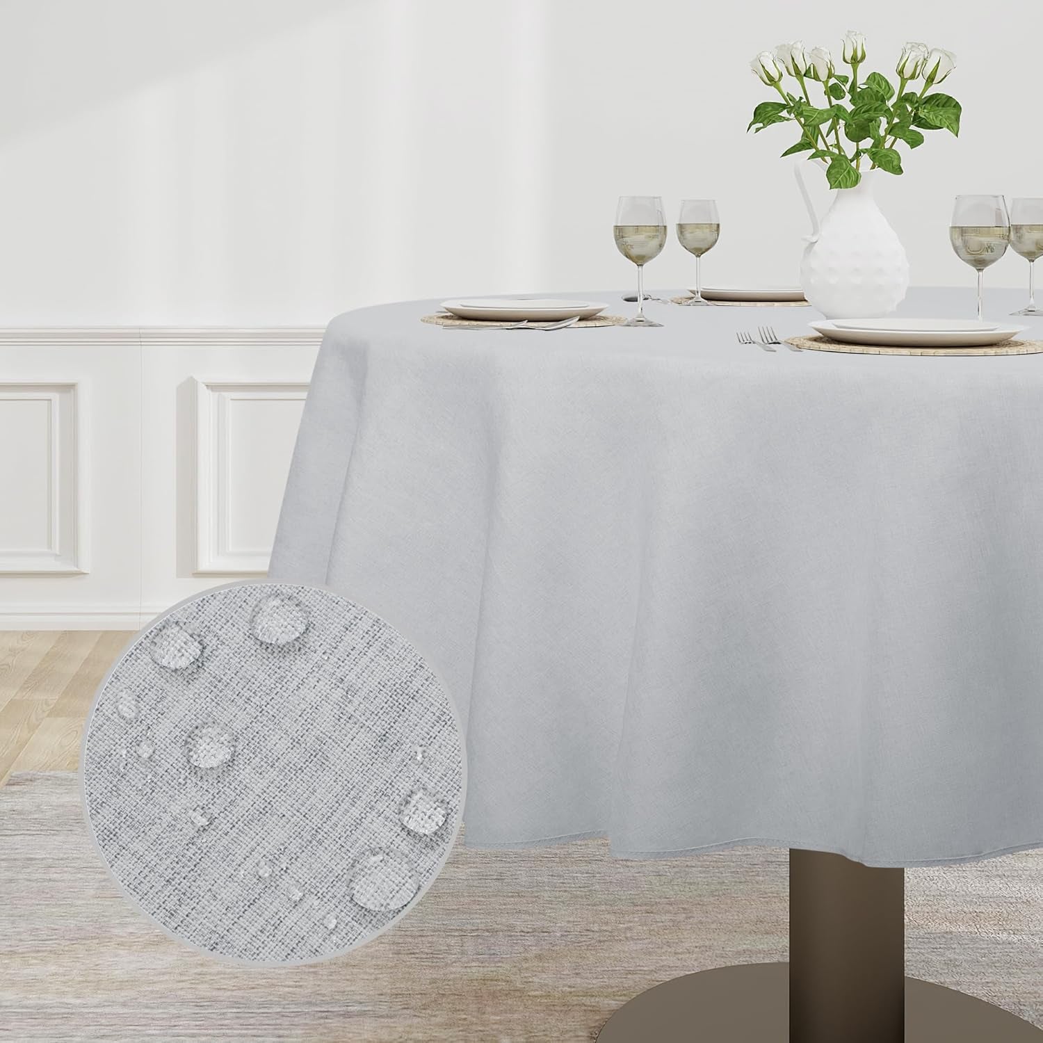 Faux Linen Waterproof Spill-Proof Tablecloth Stain Resistant round Table Cloth Wrinkle Free Decorative Fabric for Kitchen, Dining, Party, Weddings, Restaurants (70 In-Round, Grey)