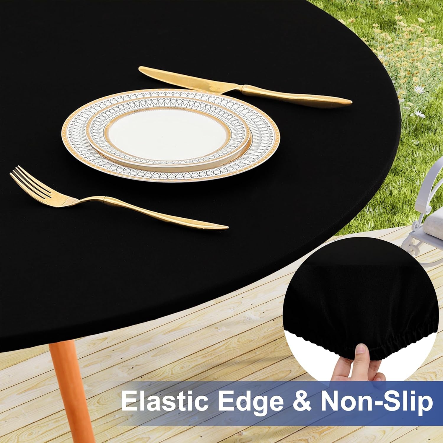 round Fabric Fitted Tablecloth, Elastic Waterproof Oil Proof Table Cloth, Washable Polyester Table Cover Fits 36"-44" round Tables for Outdoor Picnic Dinner, Black