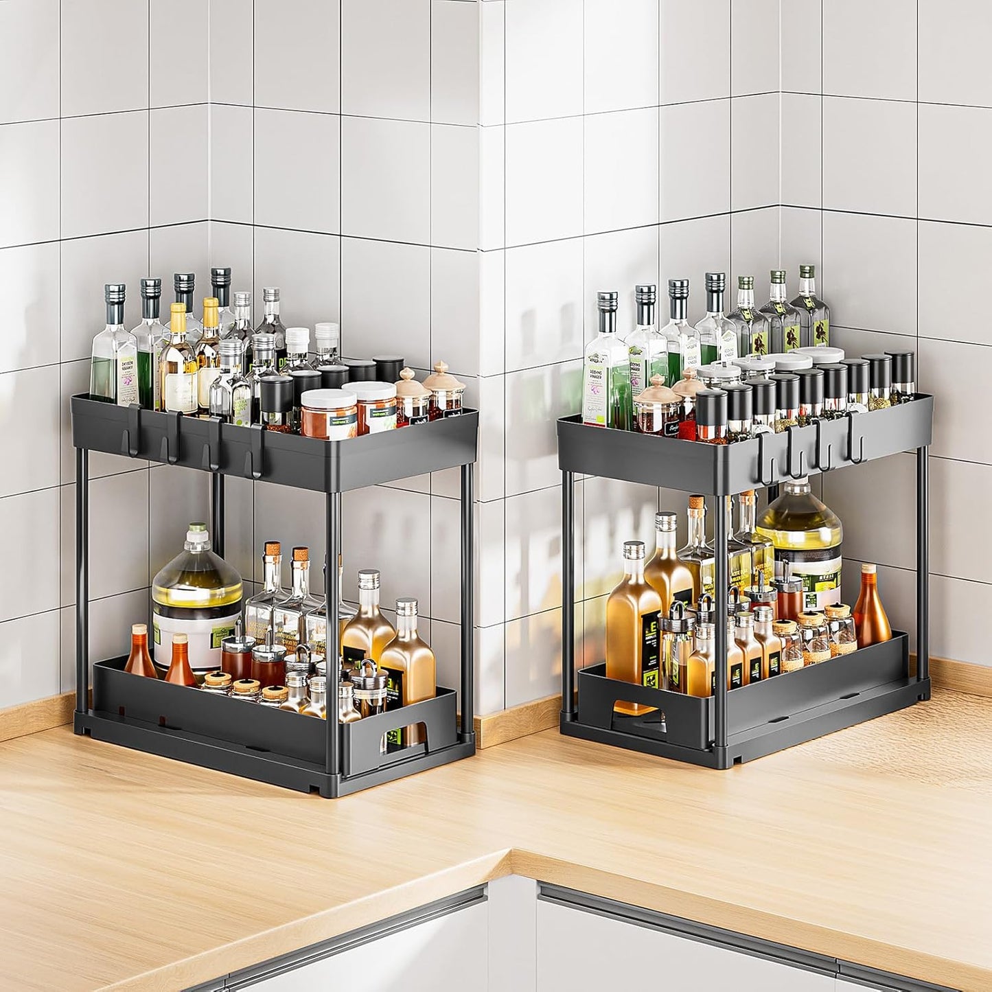 2 Pack under Sink Organizers and Storage, 2 Tier Pull Out under Cabinet Organizer, Black under Sink Storage for Bathroom Kitchen, under Counter Storage Organizer with 8 Hooks