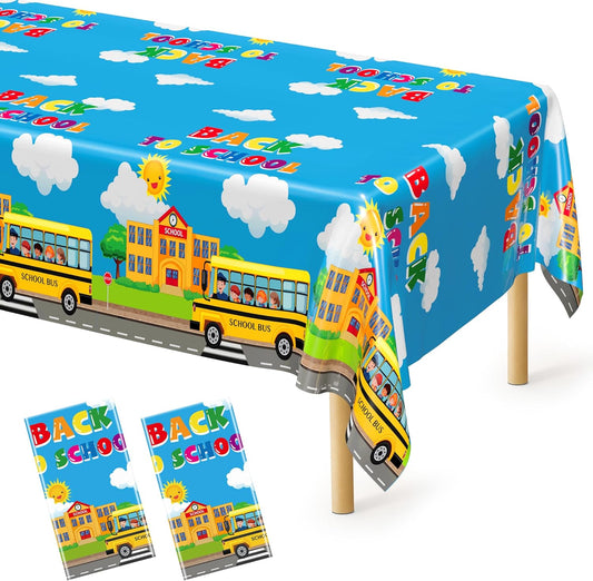 Back to School Supplies, 2 PCS 108 X 54 Inches First Day of School Tablecloth, Disposable Colorful Welcome Back to School Plastic Rectangle School Bus Pattern Tablecover for Preschool Party Decoration