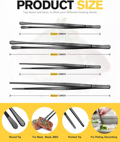 4 Pcs Fine Long Tweezer Tongs Professional Black, 12'' and 10'' Stainless Steel for Kitchen, Food, Cooking, Repairing, Sea Food and BBQ