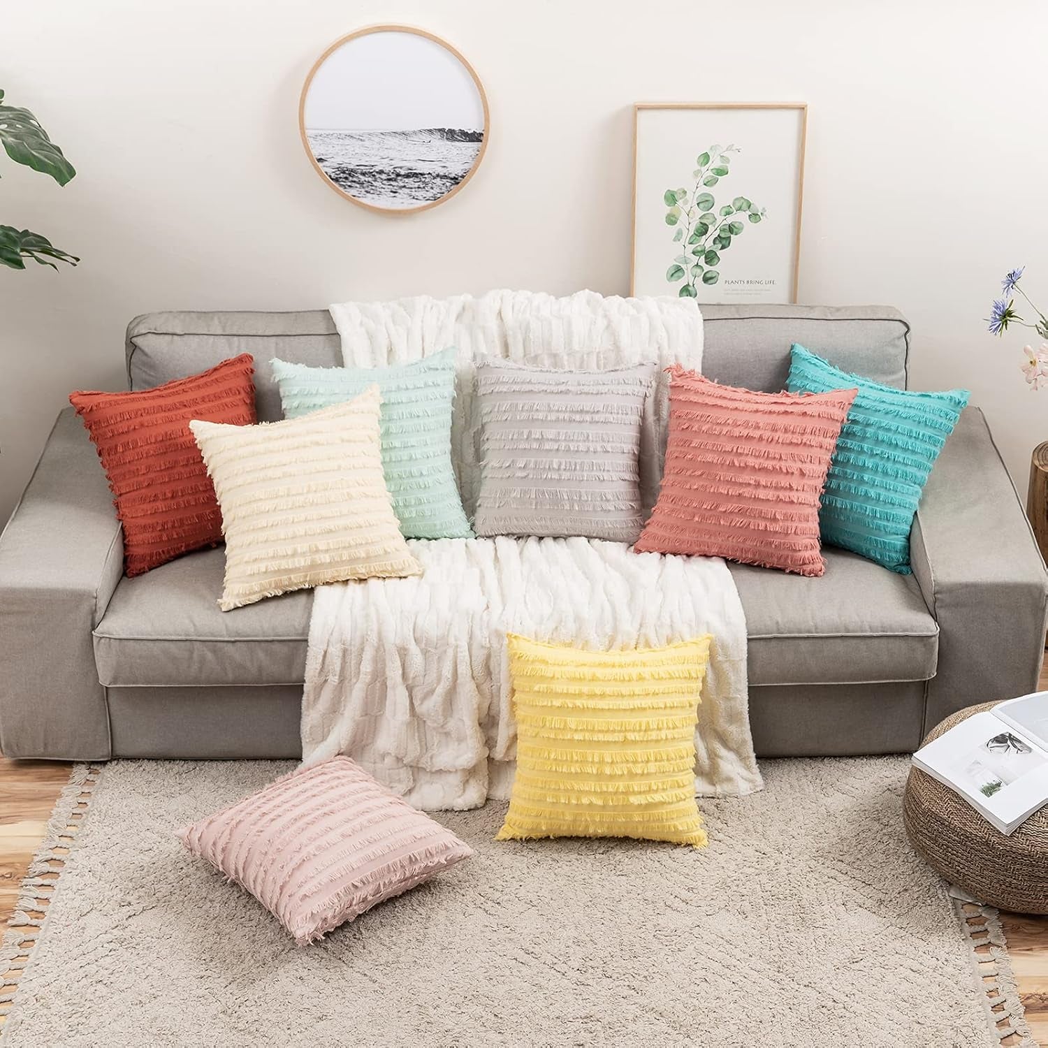 Set of 2 Decorative Boho Throw Pillow Covers Linen Striped Jacquard Pattern Cushion Covers for Decor Sofa Couch Living Room Bedroom 16X16 Inch Greyish White