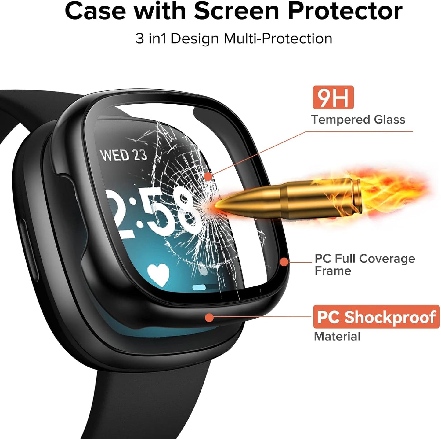 [4 Pack] Screen Protector Tempered Glass for Fitbit Sense/Versa 3, Hard PC Case with Bumper Cover Sensitive Touch Full Coverage Protective Case for Sense/Versa 3 Smart Watch, Black