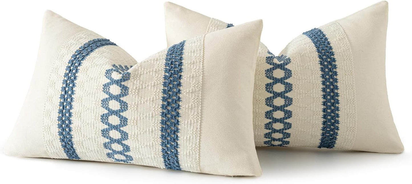 Set of 2 Coastal Blue Boho Decorative Lumbar Pillow Covers 12X20 Inch Farmhouse Rustic Couch Throw Pillows Modern Summer Cushion Covers Retro Cute Macrame Woven Home Decor for Bed Sofa Chair