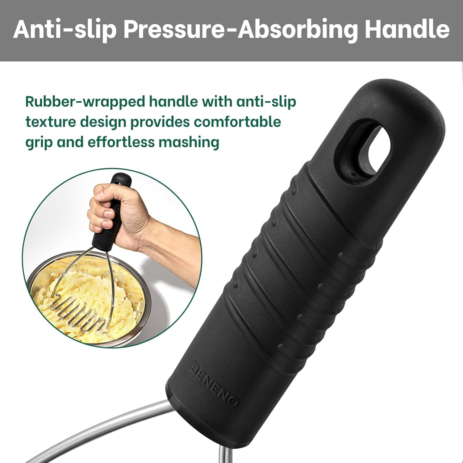 Stainless Steel Wire Potato Masher, Heavy Duty Sturdy Easy Grip Masher Kitchen Tools with Non-Slip Soft Rubber Handle, Effortless Mashing Tool for Potatoes, Avocados, Dishwasher Safe, Rustproof