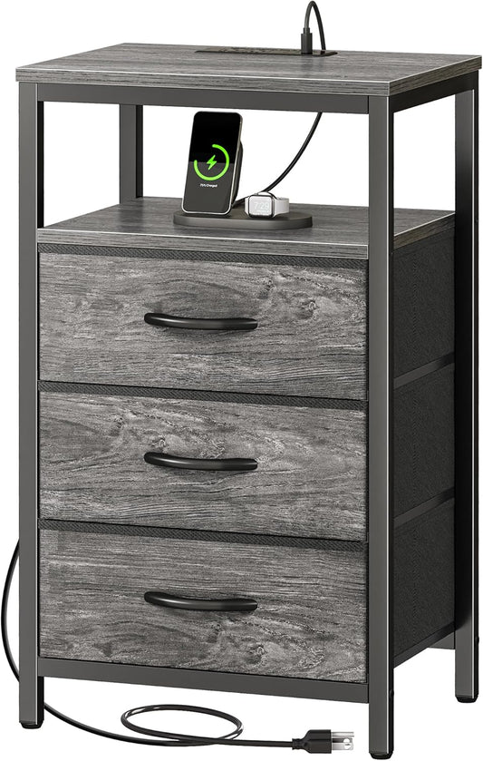 27.6-Inch Nightstand with Integrated Charging Station, End Table with USB Ports and Outlets, Bedroom Night Stand Featuring Fabric Drawers in Grey