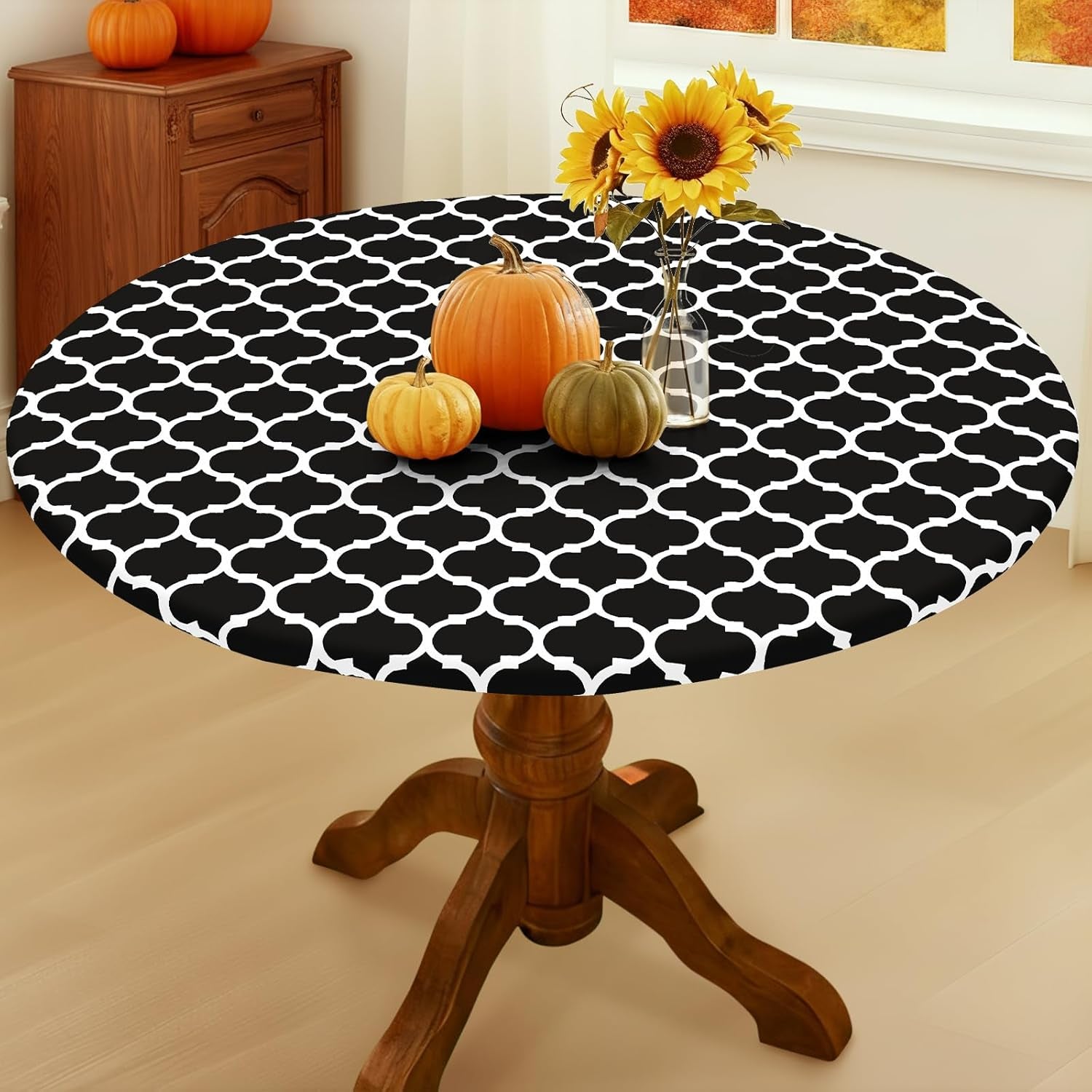 round Picnic Tablecloth, Waterproof Elastic Fitted Table Covers for 36" - 44" Tables, Wipeable Flannel Backed Vinyl Tablecloths for Camping, Indoor, Outdoor, Black & White