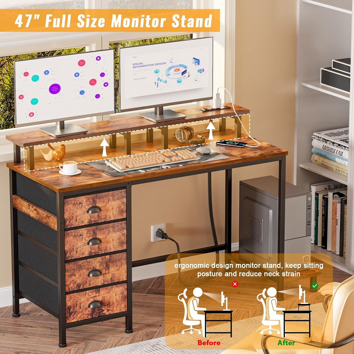 47" Computer Desk with 4 Fabric Drawers & Monitor Stand, Gaming Desk with Power Outlets - LED Lights, Home Office Space-Saving Study Table for Bedroom Small Spaces (Rustic Brown)