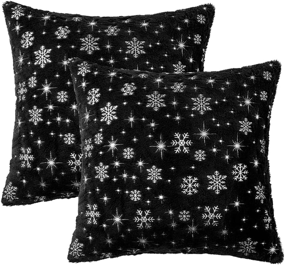 Set of 2 Christmas Decorative Throw Pillow Covers Soft Faux Fur Winter Pillow Covers with Silver Snowflake Glitter Holiday Festival Pillowcases for Couch Sofa Bed, 18×18Inch, Black