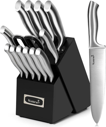 Sharp Knife Set,One-Piece Molding,Sharper Blade Ergonomic Non-Slip Steel Handle,Block Knife Set Chef Knife Set with Built-In Sharpener(Black,15Pcs)